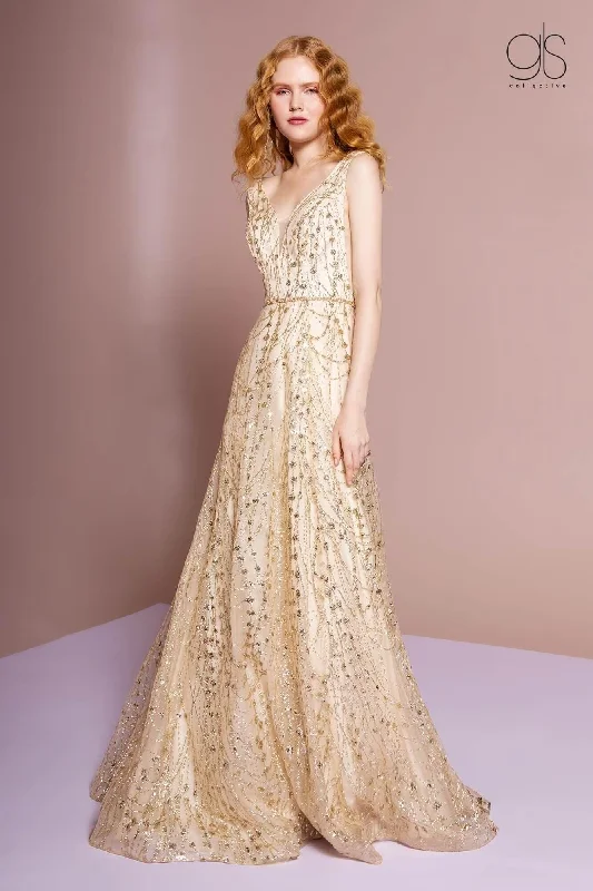 Long Sleeveless Formal Gold Prom Dress