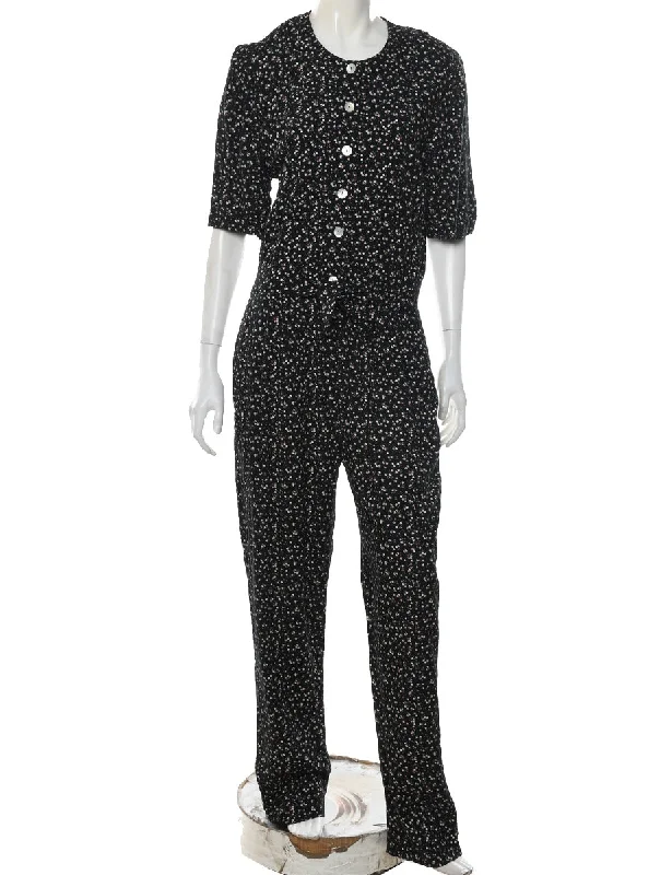 Black Floral Pattern Jumpsuit - L