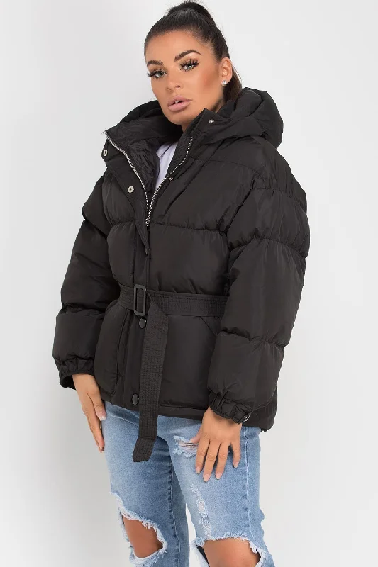 Black Puffer Padded Jacket With Belt