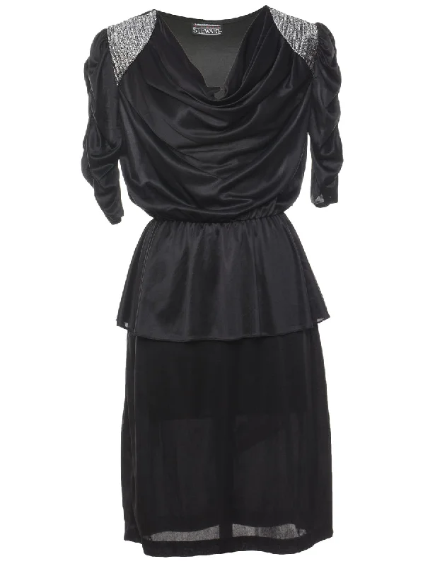 Black Ruched 1980s Evening Dress - L