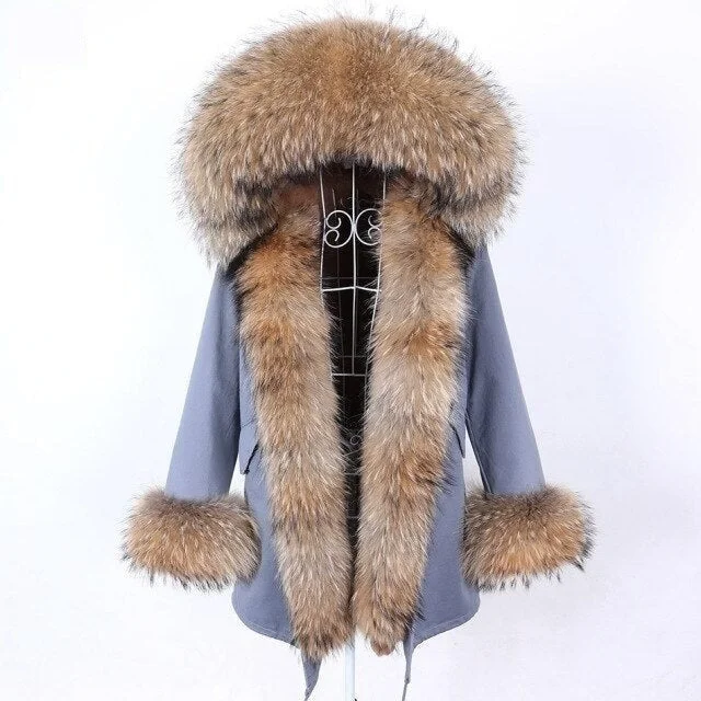 Blue and Gray Women's Natural Real Fur Collared Coat Parka Jacket for Winter