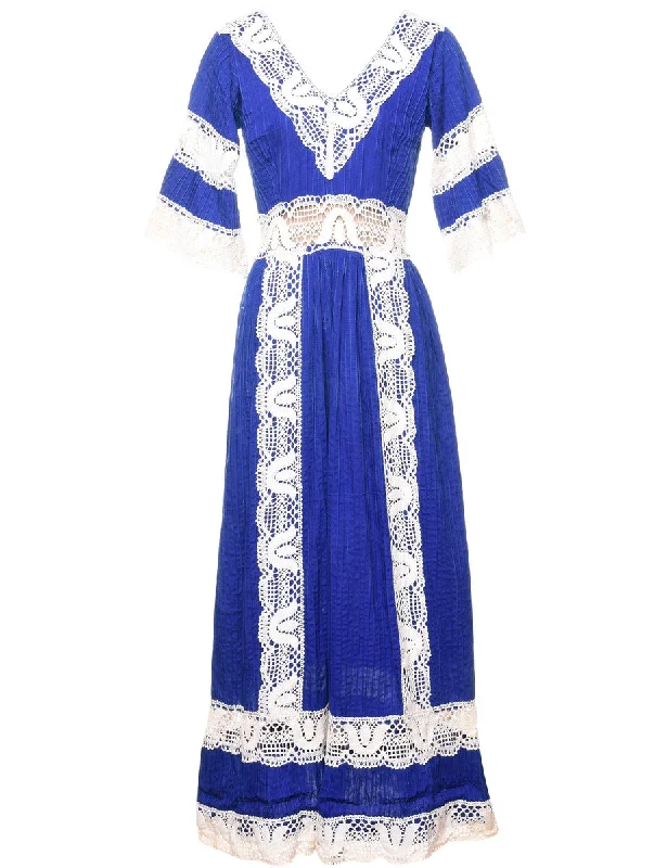 Blue & White Contrast Vintage Lace Trim Dress - M