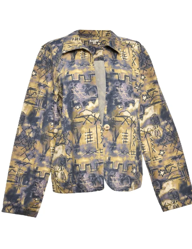 Button-Front Pale Yellow & Purple Abstract Print Jacket - L