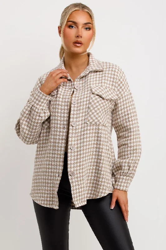 Dogtooth Shacket With Button Front Beige