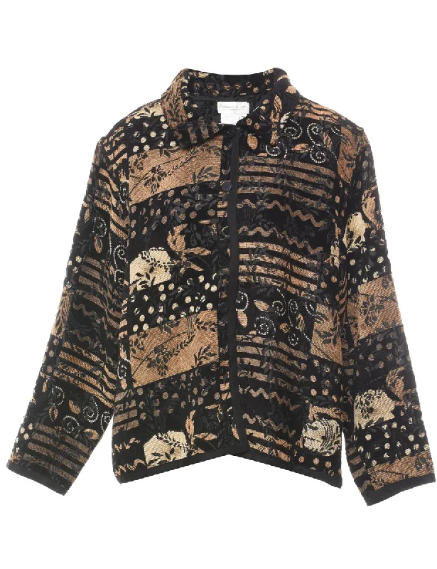 Embroidered Black & Beige Floral Tapestry Jacket - L