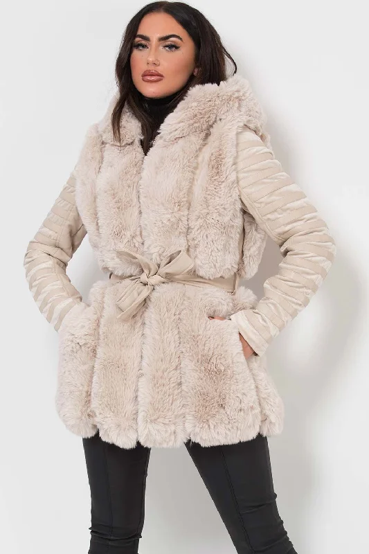 Faux Fur Faux Leather Hooded Panelled Sleeve Jacket Cream