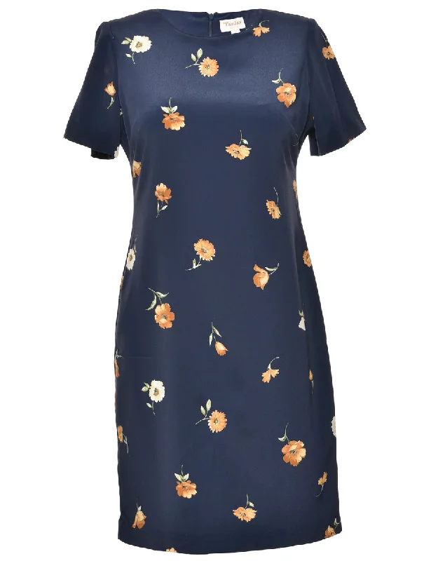 Floral Print Blue & Orange Round Neck Dress - M