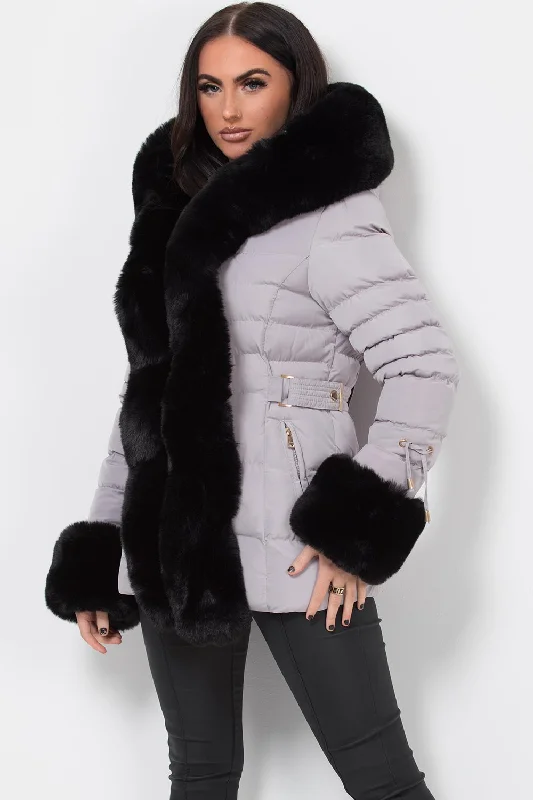 Grey Puffer Coat With Faux Fur Hood And Cuff