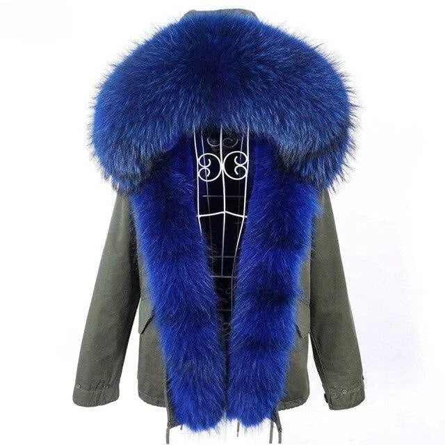 Natural Racoon Fur Collared Full Sleeves Winter Hooded Parka Jacket for Women