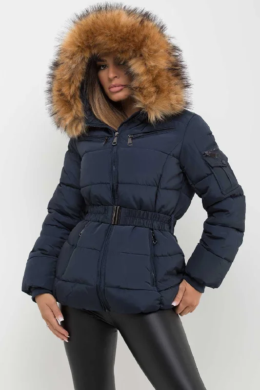 Navy Faux Fur Hooded Jacket With Belt