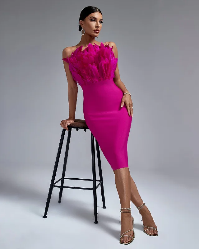 Elegant Strapless Feather-Trim Midi Bandage Dress