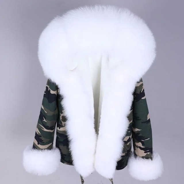 Thick Warm Natural Raccoon Fox Fur Women's Coat Short Zipper Hood Jacket