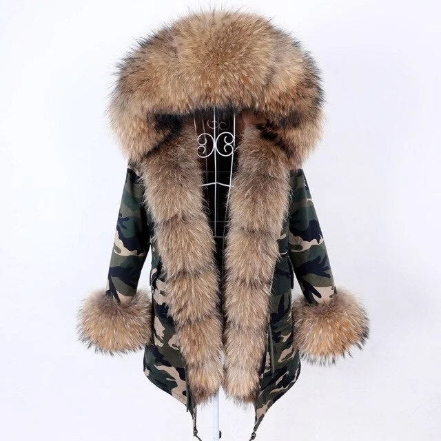 Warm Winter Natural Racoon Fur Collar Camouflage Pattern Coat Jacket for Women