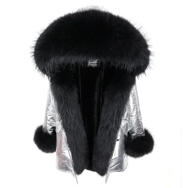 Warm Winter Style Black Natural Fur Collar Silver Color Coat Jacket for Women