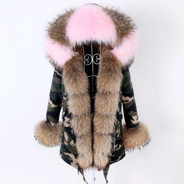 Warm Winter Style Camo Pattern Natural Fur Collar Coat Parka Jacket for Women