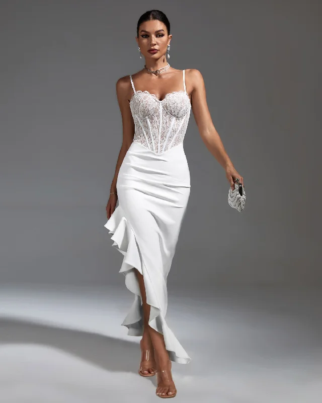 Elegant White Lace Corset Dress with Chic Ruffled Accents