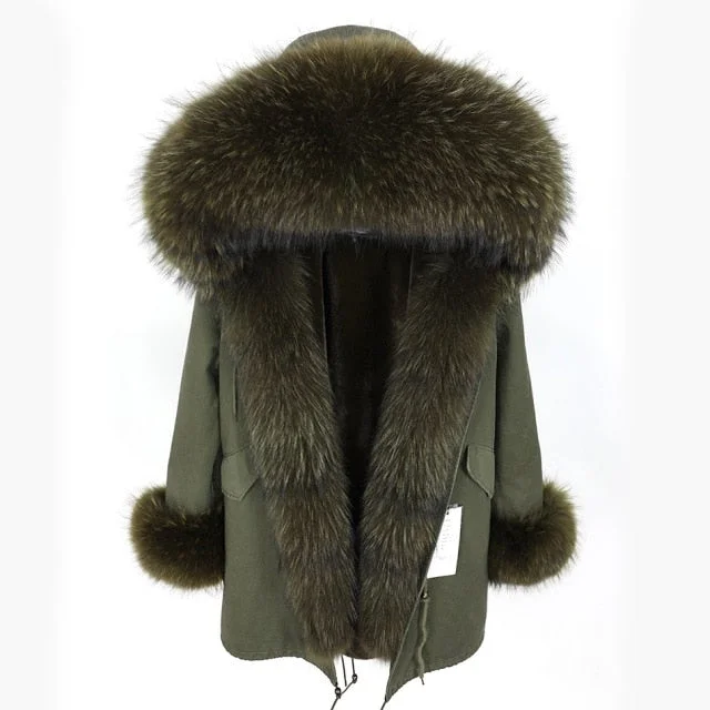 Women's Army Green Natural Racoon Fur Collared Thick Coat Jacket for Winter