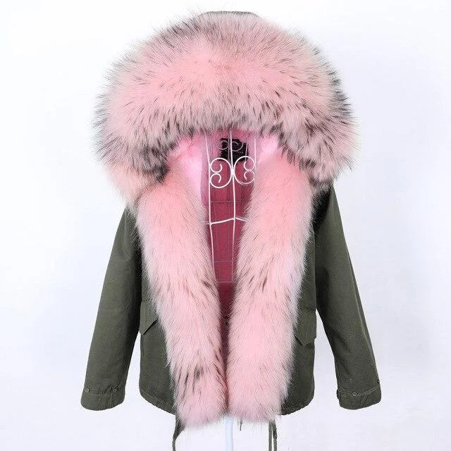 Women's Thick Warm Racoon Fur Collared Solid Colored Winter Jacket