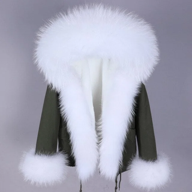 Women's Warm Winter Contrast Natural Racoon Fur Sleeves and Collar Parkas