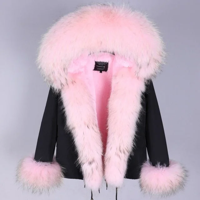 Women's Winter Contrast Color Natural Racoon Fur Sleeves and Collar Parkas