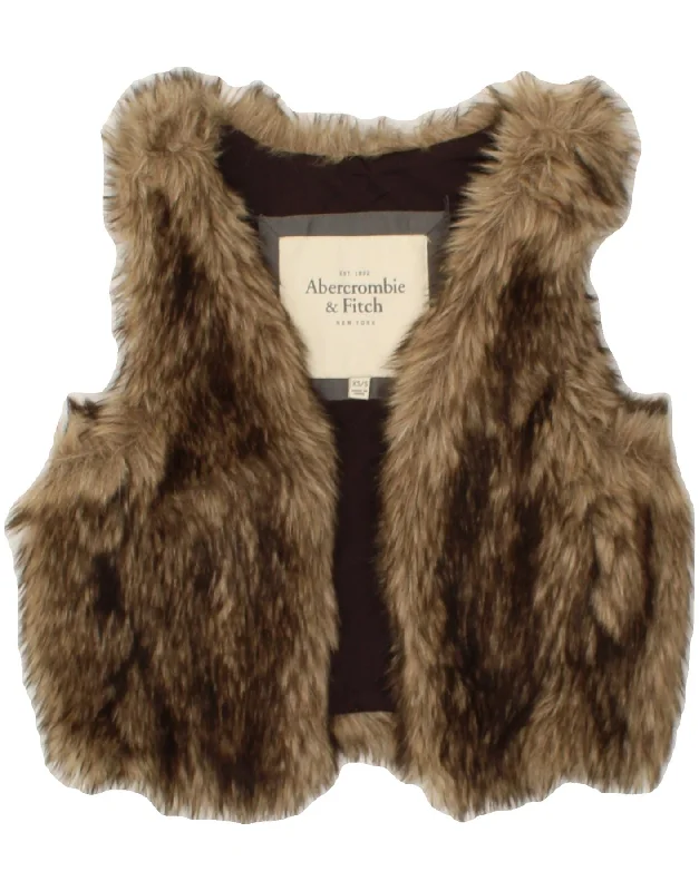 ABERCROMBIE & FITCH Womens Crop Faux Fur Gilet UK 6 XS Brown Acrylic