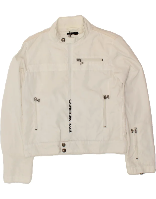 CALVIN KLEIN JEANS Womens Crop Bomber Jacket UK 14 Large White Polyester