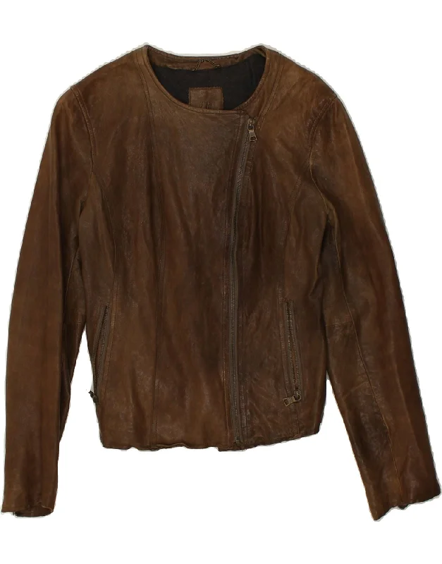 BANANA REPUBLIC Womens Crop Leather Jacket UK 14 Medium Brown Leather