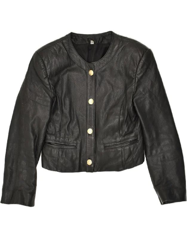 VINTAGE Womens Crop Leather Jacket IT 38 XS Black