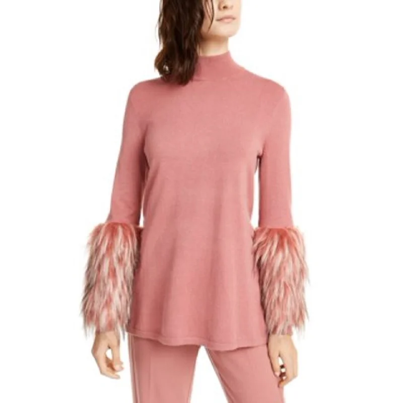 Alfani Women's Faux-Fur-Cuff Mock-Neck Sweater Withered Rose Size Large