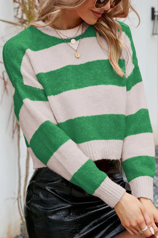 WOMEN SHORT LENGTH STRIPE PATTERN WARM SWEATER