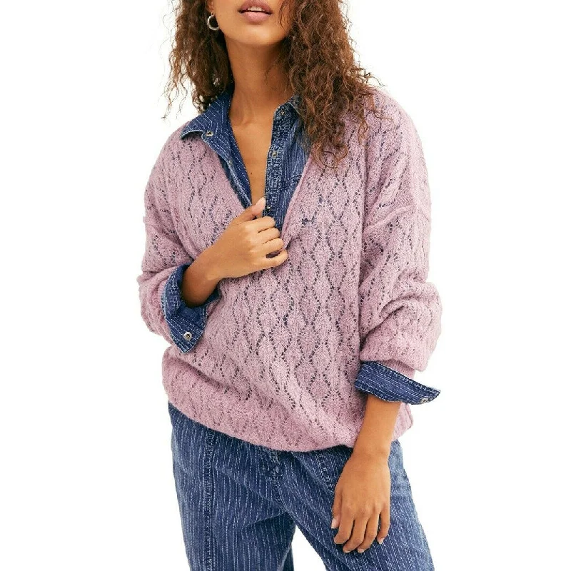 Free People Women's Say Hello Open Knit Sweater Purple Size Medium