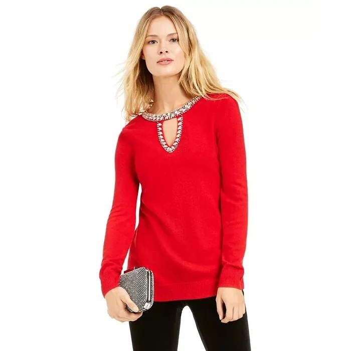 INC International Concepts Concepts Women's Embellished Keyhole Sweater Dark Red Size Extra Large - X-Large