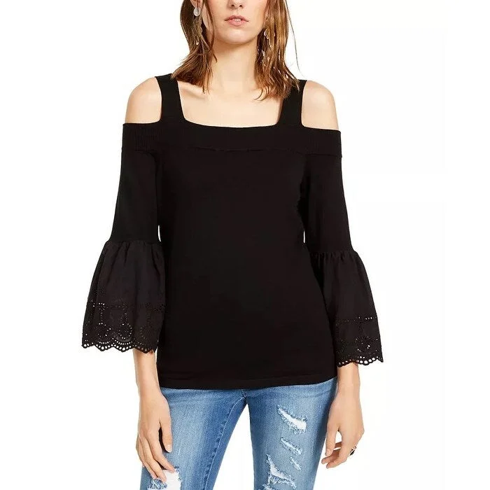 INC International Concepts Women's Eyelet Sleeve Cold Shoulder Sweater Black Size Small