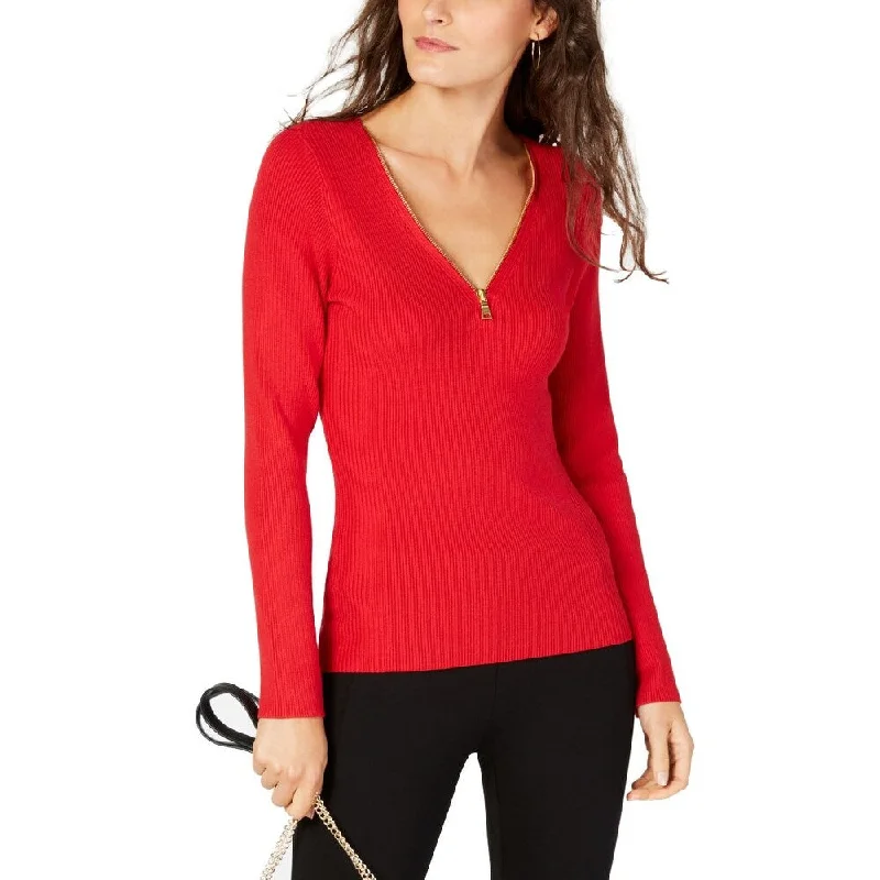 INC Women's Zipper-Detail Raglan Sleeve Sweater Red Size Large