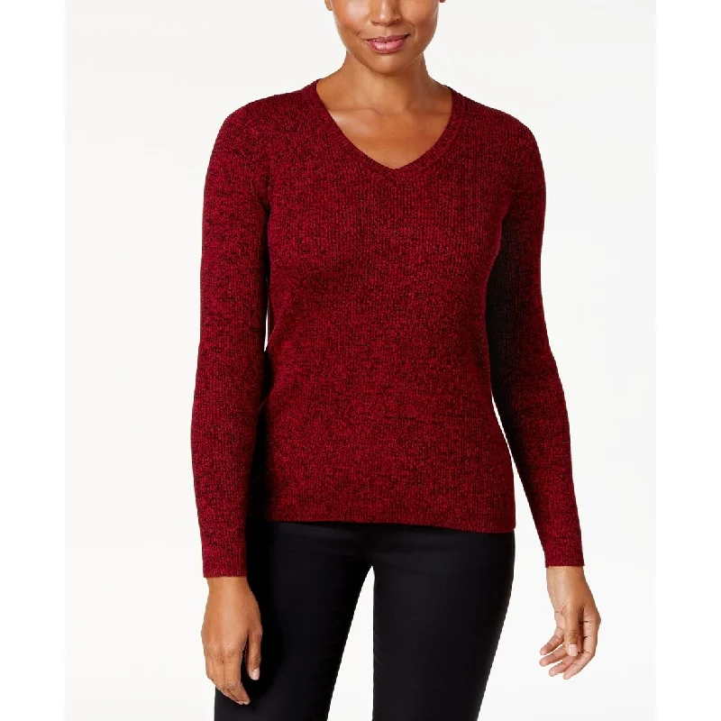 Karen Scott Women's Cotton Ribbed Marled Sweater Bright Red Petite S - Petite Small