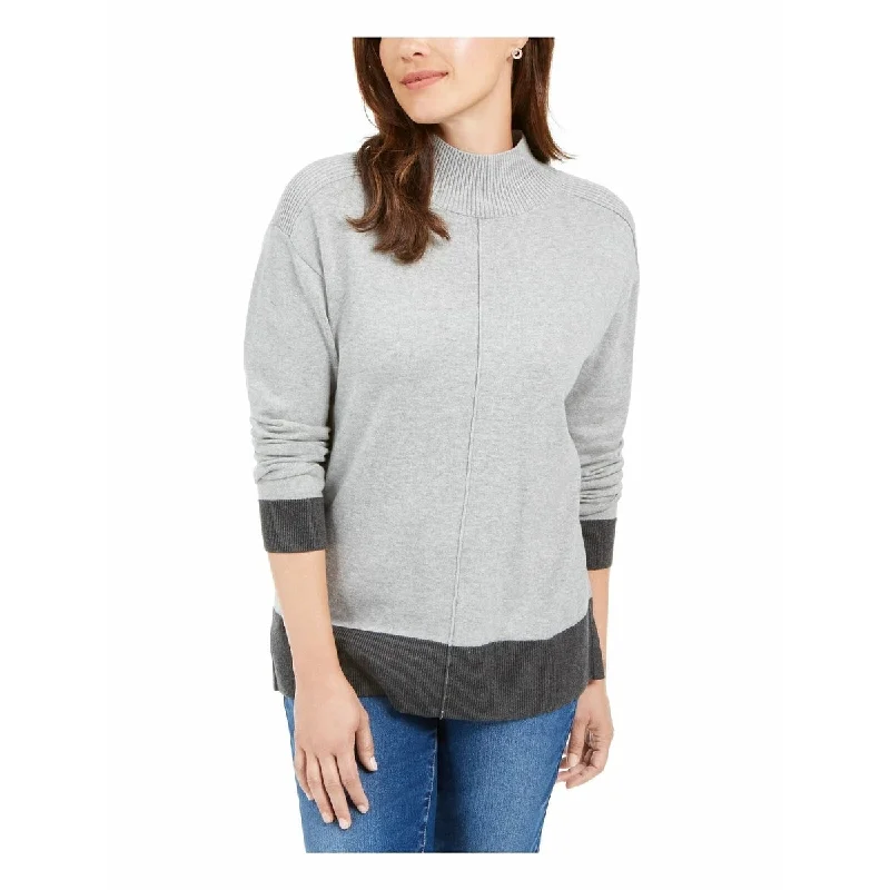 Karen Scott Women's Erin Cotton Colorblocked Mock-Neck Sweater Gray Size X-Small