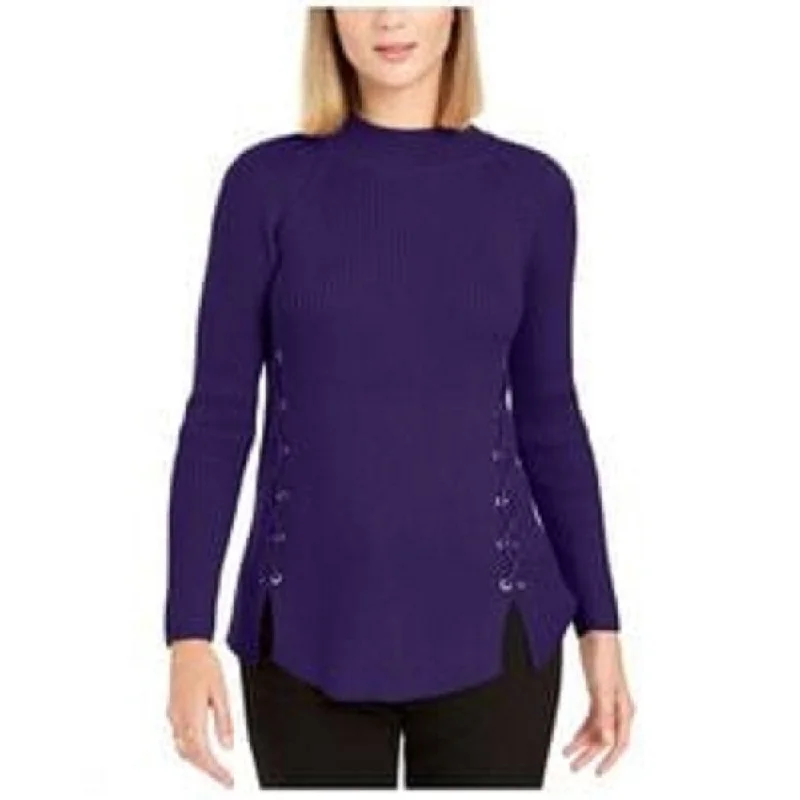 Style & Co Women's Mock Neck Lace-Up Ribbed Knit Sweater Dark purple Size Large