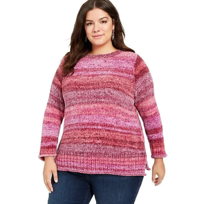 Style & Co Women's Plus Size Striped Chenille Sweater Pink Size 1X