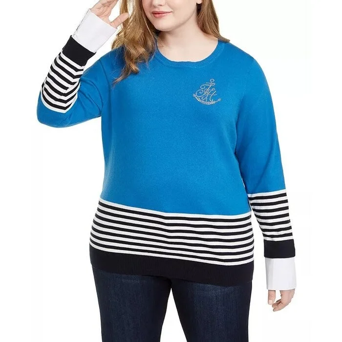 Tommy Hilfiger Women's Cotton Striped Embellished Sweater Blue Size 3X