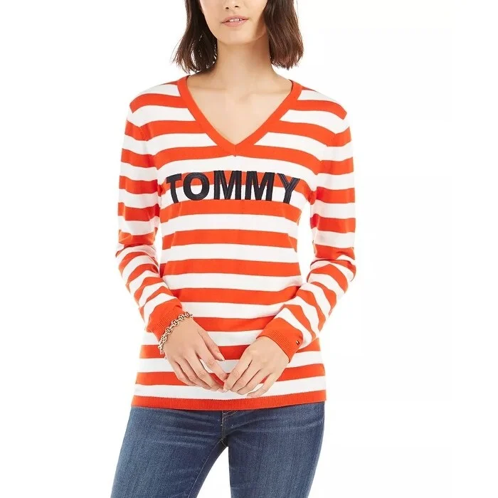 Tommy Hilfiger Women's Cotton Striped Sweater Red Size Medium