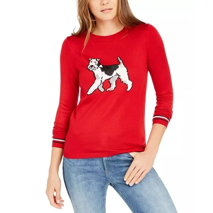 Tommy Hilfiger Women's Holiday Terrier Sweater Medium Red Size Large