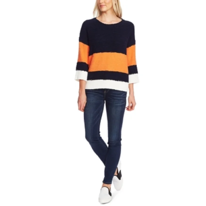 Vince Camuto Women's Striped Elbow-Sleeve Teddy Bear Sweater Orange Size Small