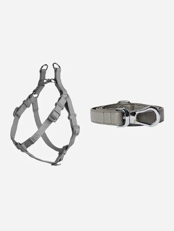 Vegan Leather & Nylon Dog Harness & Lead Set | Ash Grey