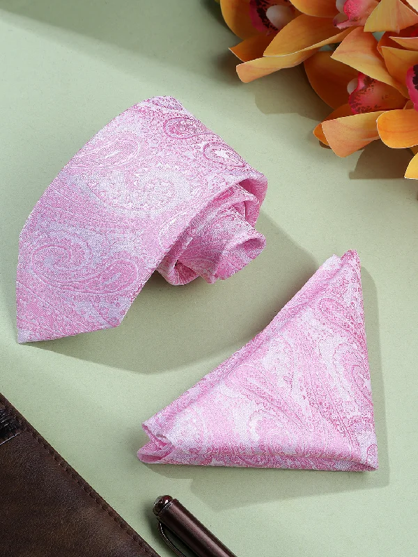 Men's Pink Printed Tie With Pocket Square Set