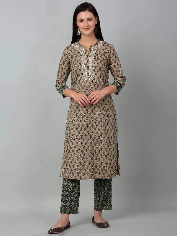 Women's Casual  Green Printed & Embroidered  Palazzo Set