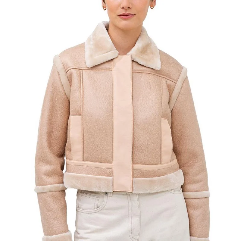 French Connection Womens Belen Faux Leather Crop Faux Fur Coat