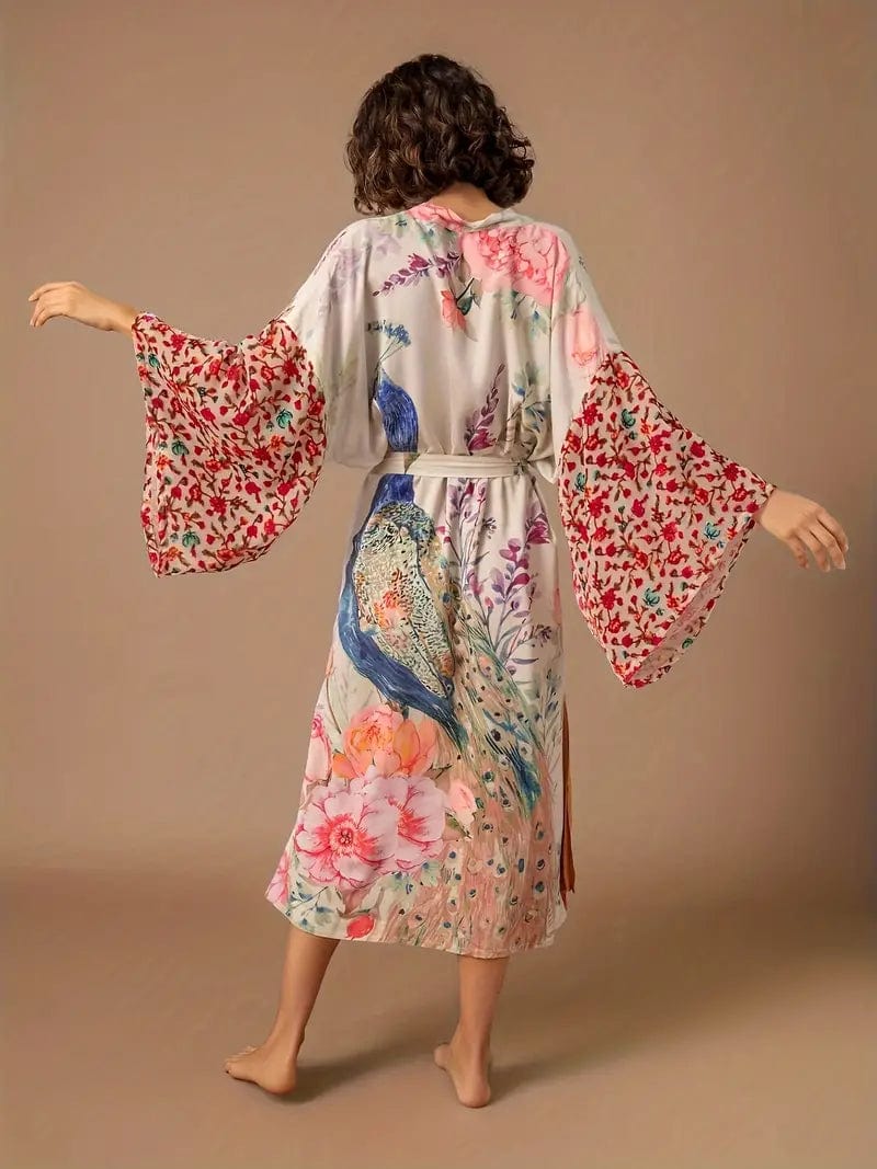 Long Sleeve Peacock Print Beach Kaftan