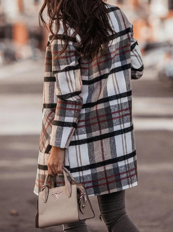 Long Sleeve Plaid Pocket Coat