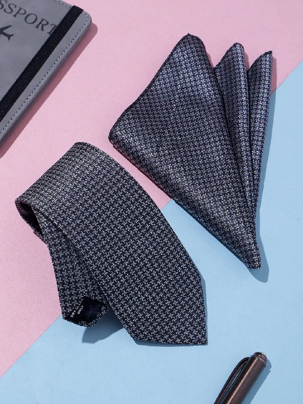 Men's Grey Self Design Tie With Pocket Square Set