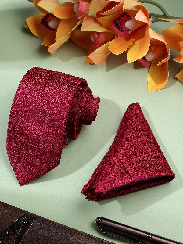 Men's Maroon Printed Tie With Pocket Square Set